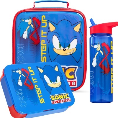 Conjunto lancheira, estojo e garrafa Sonic azul e vermelho