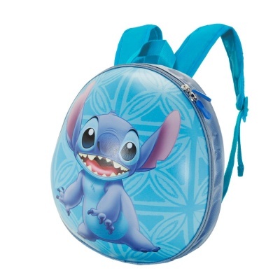 Mochila infantil azul com estampa do Stitch e alças azuis.