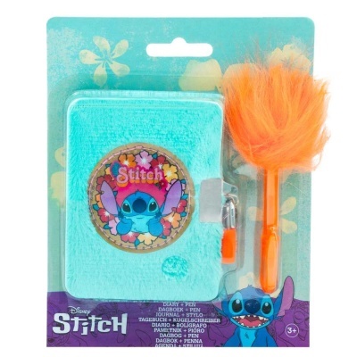 Conjunto Disney Stitch com caderno azul de textura felpuda e caneta laranja felpuda, embalados em cartão azul com flores