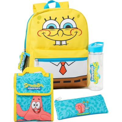 Conjunto infantil SpongeBob com mochila amarela, lancheira, garrafa e estojo coloridos.