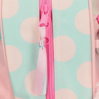 Mochila azul claro com bolas cor de rosa e fecho de correr rosa