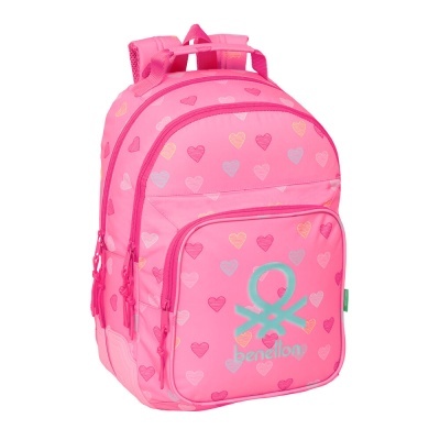 Mochila cor-de-rosa com padrão de corações e logo benetton azul claro