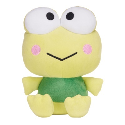 Pelúcia de rã amarela com olhos grandes e vestido verde