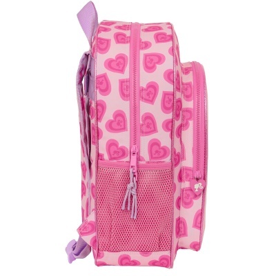 Mochila rosa com corações e bolso lateral em rede