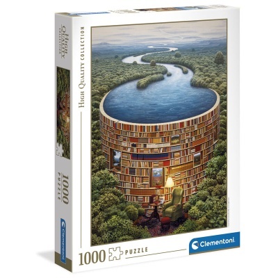 Caixa de puzzle 1000 peças com imagem de biblioteca circular e rio no topo
