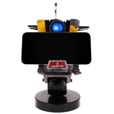 Suporte decorativo com olho azul, base preta e inscrição WARNING