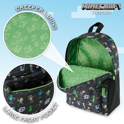 Mochila Minecraft preta com padrão colorido e interior verde com padrão Creeper