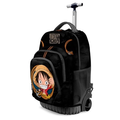 Mochila preta de rodinhas com personagem de desenho animado e texto ONE PIECE