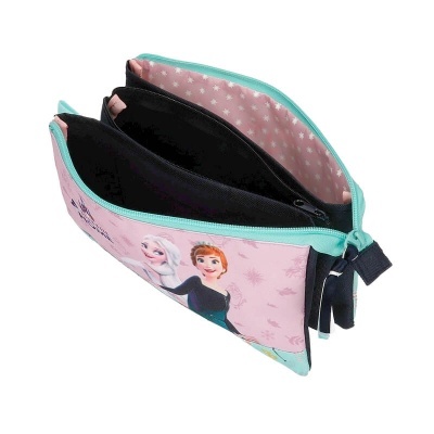 Estojo escolar rosa com design Frozen e fecho verde-água aberto