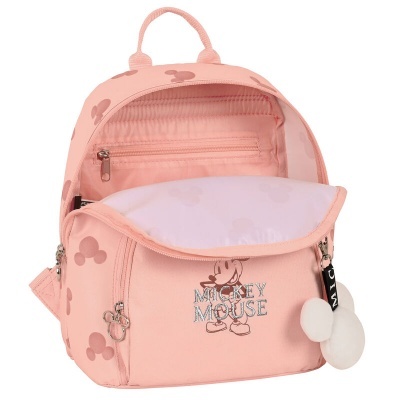 Mochila rosa com padrão de Mickey Mouse e detalhe de pelúcia branca