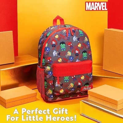 Mochila infantil Marvel com padrão de super-heróis e bolso vermelho