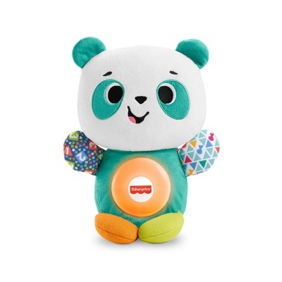 Pelúcia infantil Fisher-Price em forma de panda colorido com botão laranja no centro