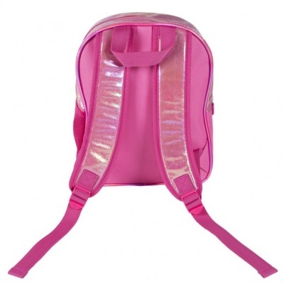Mochila cor-de-rosa vista de trás com alças acolchoadas brilhantes e detalhe em malha