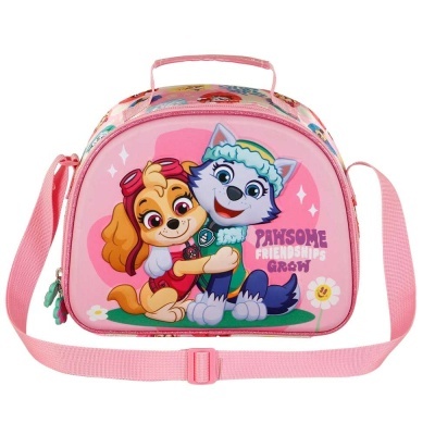 Bolsa térmica cor-de-rosa com personagens de cão e texto 'PAWSOME FRIENDSHIPS GROW'