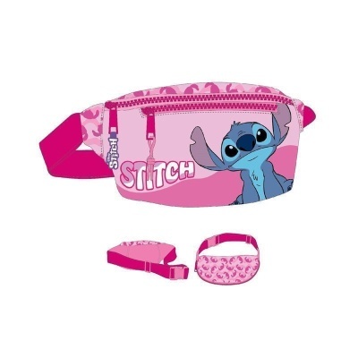 Bolsa de cintura rosa com personagem Stitch e texto STITCH