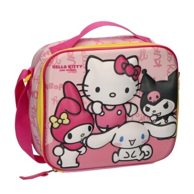 Mala de mão rosa com alça e estampa Hello Kitty.