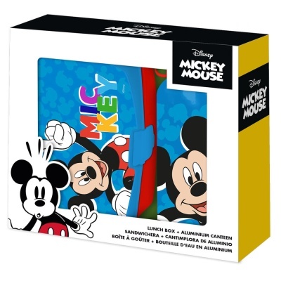 Caixa de almoço e cantil Disney Mickey Mouse em embalagem colorida com a palavra MICKEY