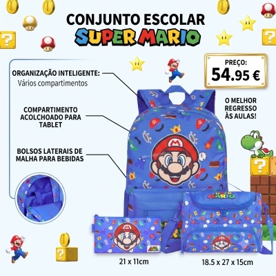 Conjunto escolar Super Mario azul com padrões coloridos e rosto do Mario