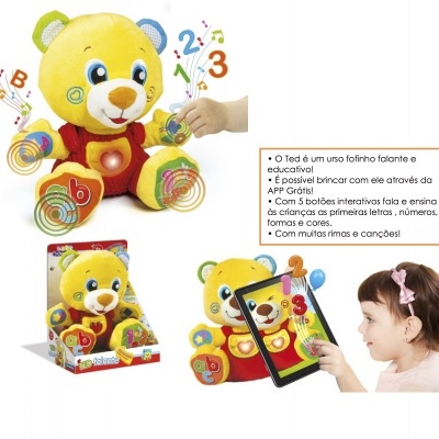 Ursinho amarelo de pelúcia educativa com números e letras, embalagem colorida e criança a brincar com tablet