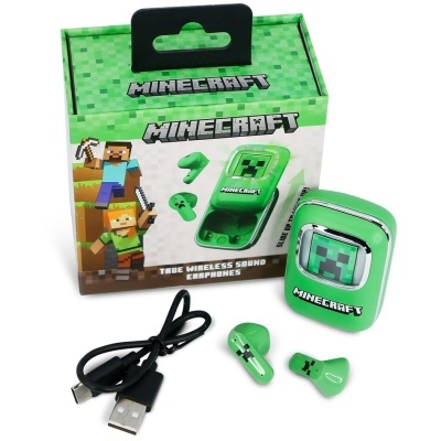 Auriculares wireless Minecraft verdes com estojo e cabo USB