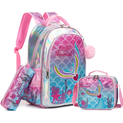 Conjunto rosa holográfico com padrão de sereia e texto Little Mermaid