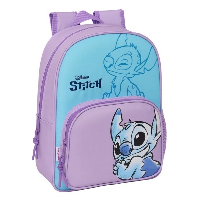 Mochila infantil azul claro e lilás com imagens do Stitch e texto Disney Stitch