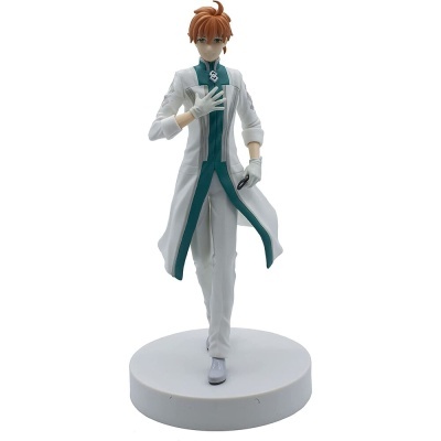 Figura de ação masculina com capa branca e roupa verde-escura em base branca