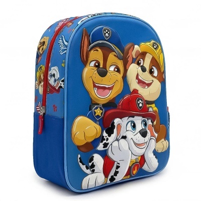 Mochila azul com imagens em relevo da Patrulha Pata