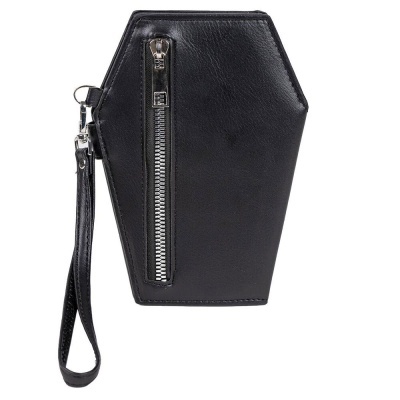 Carteira preta em formato de caixão com fecho e alça de mão