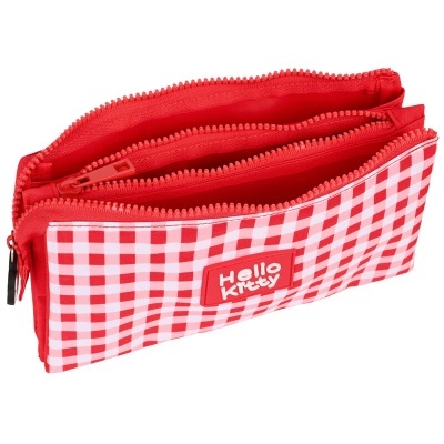 Estojo xadrez vermelho e branco Hello Kitty com dois compartimentos e fechos de correr