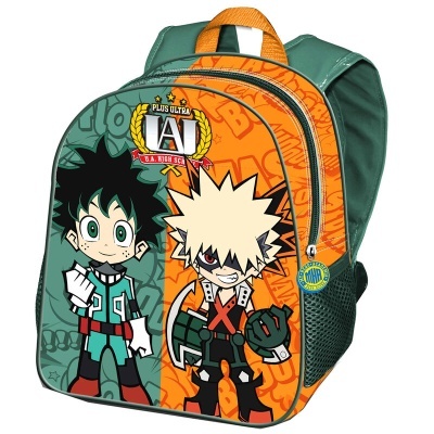 Mochila infantil com personagens de desenho animado em verde e laranja