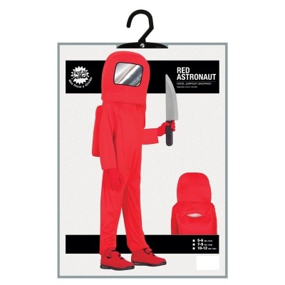 fato de astronauta vermelho com máscara e objeto em embalagem