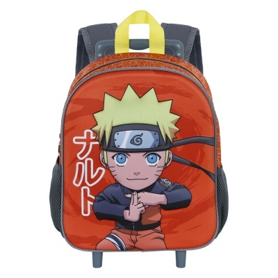 Mochila escolar laranja com personagem Naruto e puxador amarelo