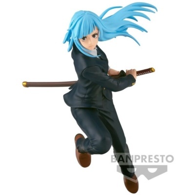 Figura animada cabelo azul roupa preta com katana em pose dinâmica