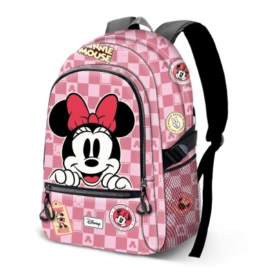 Mochila rosa com estampa da Minnie Mouse e logotipos Disney em padrão xadrez.