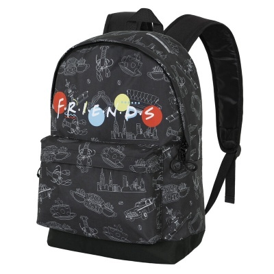 Mochila preta com padrão de desenhos cinza e palavra FRIENDS colorida