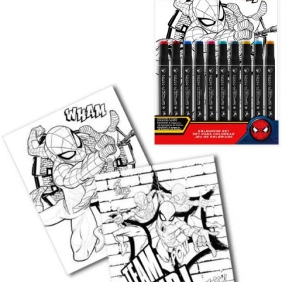 Conjunto de canetinhas coloridas Homem-Aranha com desenhos para colorir