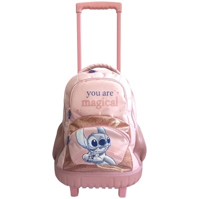 Mochila rosa com rodas, puxador e imagem do personagem Stitch