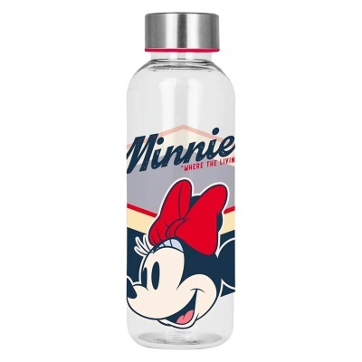 Garrafa transparente com tampa metálica e ilustração da Minnie