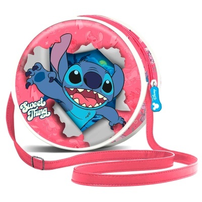 Mala redonda rosa com personagem Stitch e texto Sweet Thing
