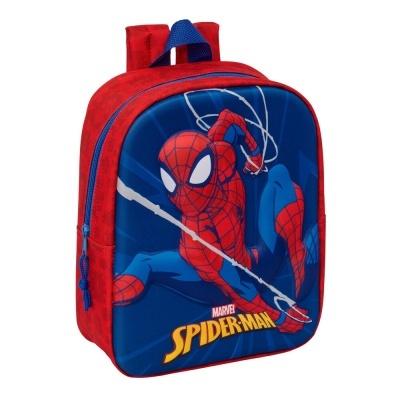 Mochila infantil azul e vermelha com imagem do Spider-Man e texto SPIDER-MAN
