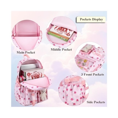 Mochila rosa com padrão de morangos e flores e vários bolsos expostos