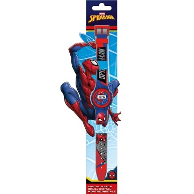 Relógio digital Spider-Man com bracelete vermelha e azul e mostrador redondo