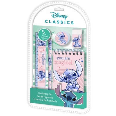 Conjunto de papelaria Disney Classics com imagens do Stitch em rosa e azul