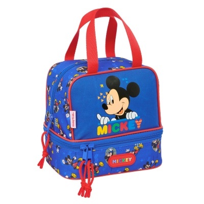 Mochila térmica azul com desenho do Mickey Mouse e alças vermelhas