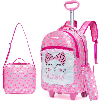 Mochila de carrinho rosa com padrão de corações e desenho de gato e bolsa térmica rosa com padrão igual