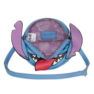Bolsa redonda azul Stitch com orelhas lilás e língua vermelha aberta com interior lilás com padrão de folhas