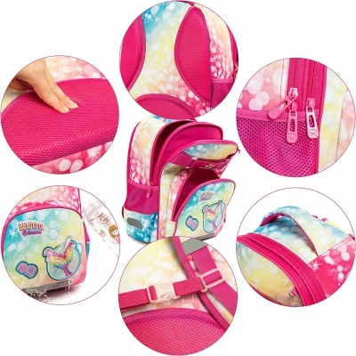 Mochila infantil colorida com estampas de unicórnio, zíperes rosa e alças acolchoadas ajustáveis