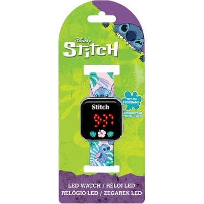 Relógio LED Stitch em embalagem verde e roxa com bracelete azul e rosa