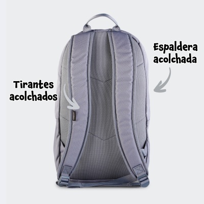 Mochila cinzenta com tirantes e espalda acolchoados, texto explicativo em português